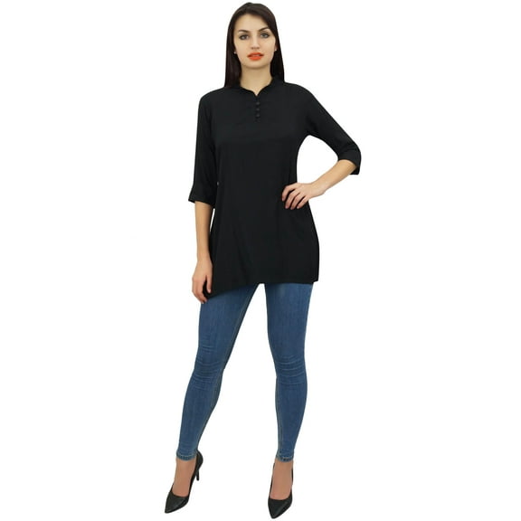 Phagun Women's Black Cotton Modal 3/4 Sleeve Button Down Blouse Shirt Top - 4