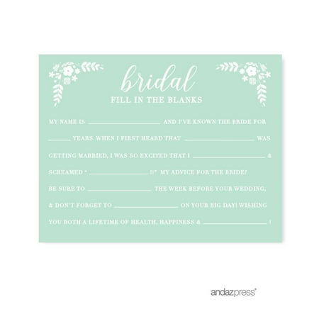 Fill-In-The-Blank - Bride Floral Mint Green Wedding Bridal Shower Game Cards, 20-Pack