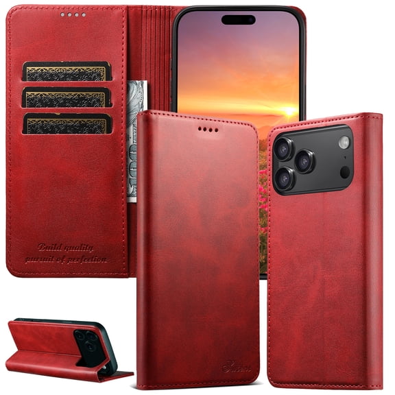 Poweltek Wallet Case for iPhone 17 Pro Max, Magnetic PU Leather Card Holder Cash Pocket Flip Stand Protective Cover, Red