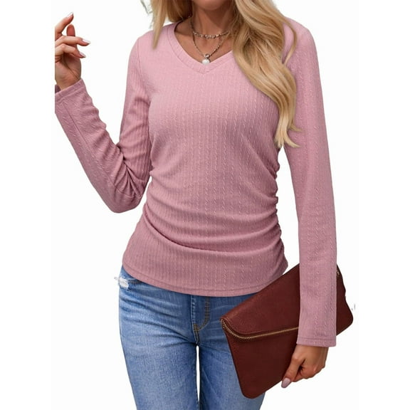 Womens Tops Casual V Neck Long Sleeve Shirts Solid Ruched Basic Tunics Blouses Pink XXL