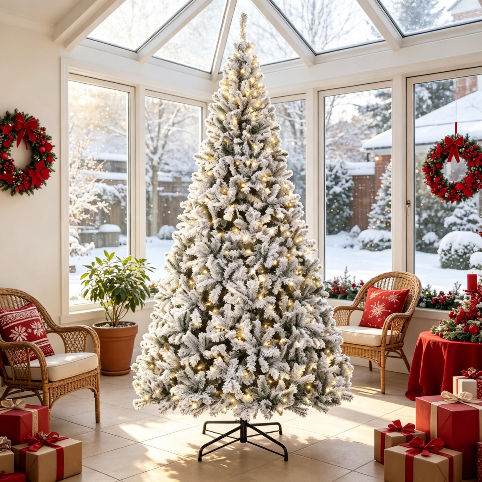 9 ft Pre-Lit Flocked Christmas Tree with 600 Warm White Lights, Hinged Branches, 1852 Tips, Foldable Steel Stand for Indoor Holiday Decor