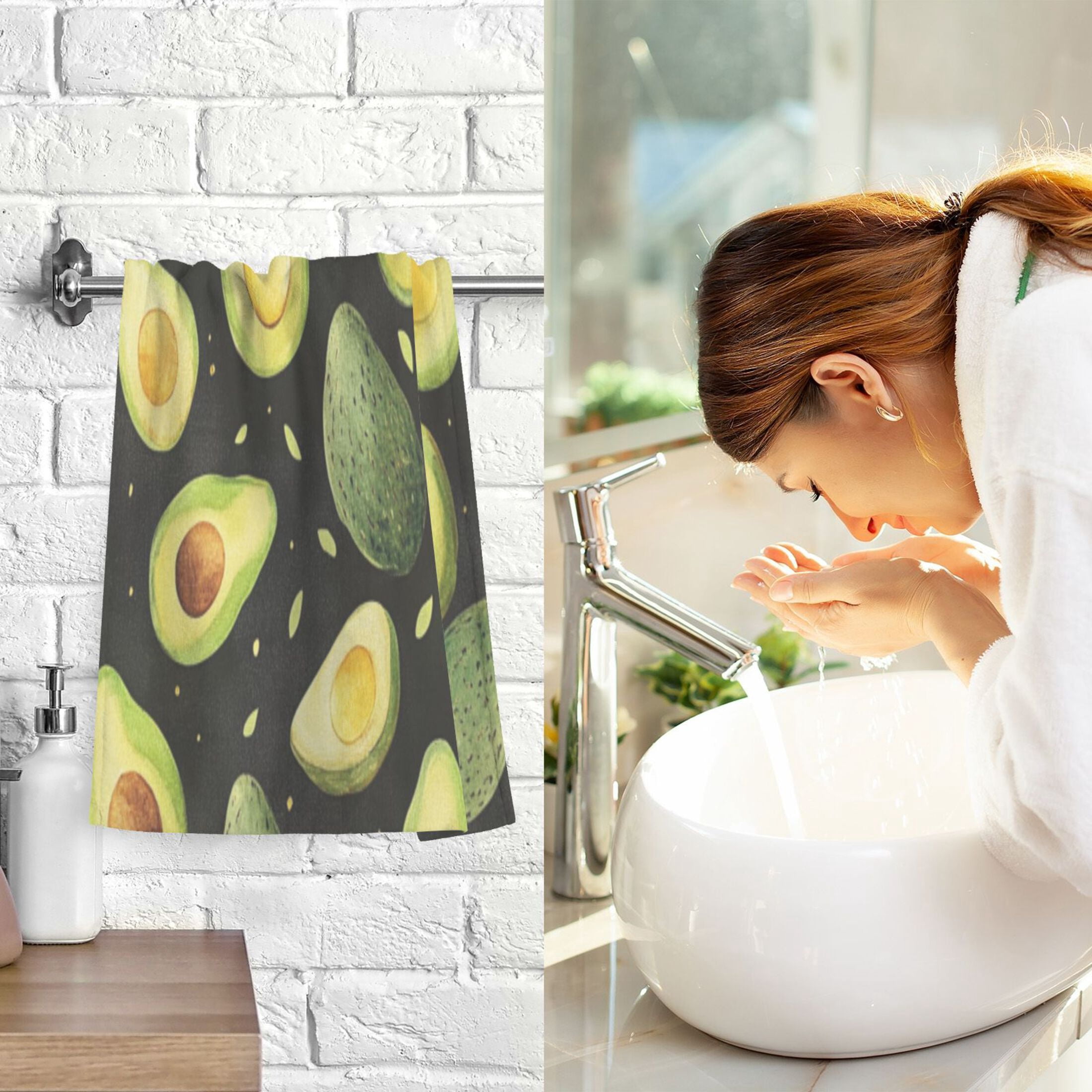 Cotton Towel Two-Piece 16x28 Inch One Sizex2 Face Towel Set Towel Set Cotton Hand Bath Towel Bathroom Beach Avocado on Black Background