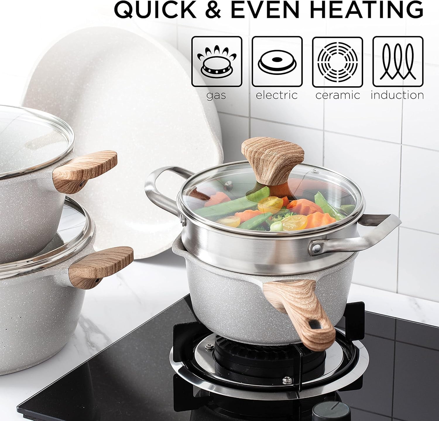 Country Kitchen 13-Pc Cast Aluminum Pots and Pans Set Non Stick Cookware Set, Cream