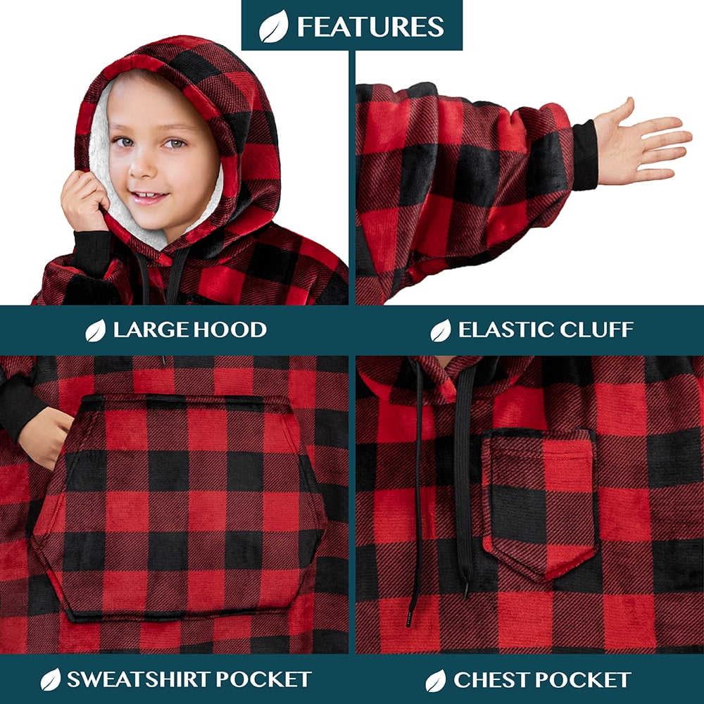 PAVILIA Wearable Blanket Sweatshirt for Kids Boy Girl Checker Black Red, Warm Cozy Giant Blanket Hoodie, Fleece Sherpa Oversized Blanket Sweatshirt with Sleeves, Big Pocket, Christmas Gift