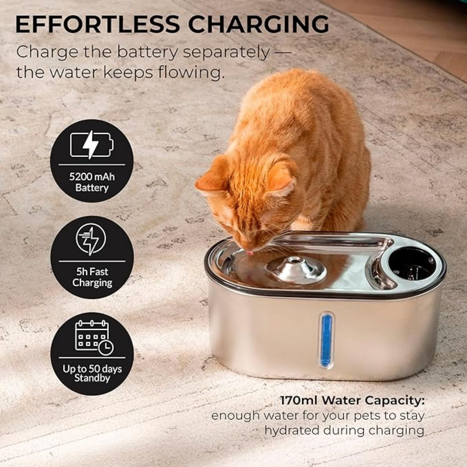 Cat Water Fountain Stainless Steel, 5200mAh Battery, Ultra Quiet, Automatic Water Dispenser for Cats, 108oz/3.2L, Two Flow Modes, Multi-Filtration, Includes 2 Filters - Black