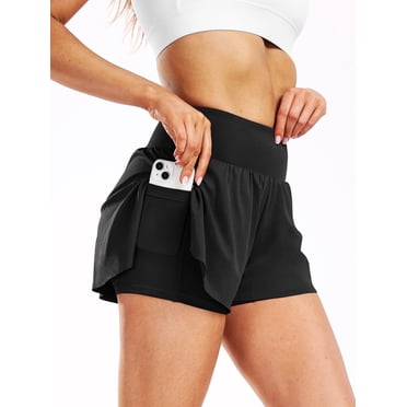 Cadmus 2 in 1 Women's Spandex Athletic Shorts Gym Yoga Shorts Pockets ,1 Pack,Black,,XL