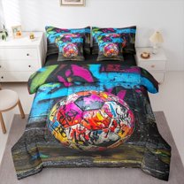 Manfei Teens Football 7 Pieces Bedding Comforter Set,Soccer Sport Full Bedding Set,Rainbow Graffiti Hippie Fitted Sheet Flat Sheet For Boys,Luxury Bedroom Decor Reversible