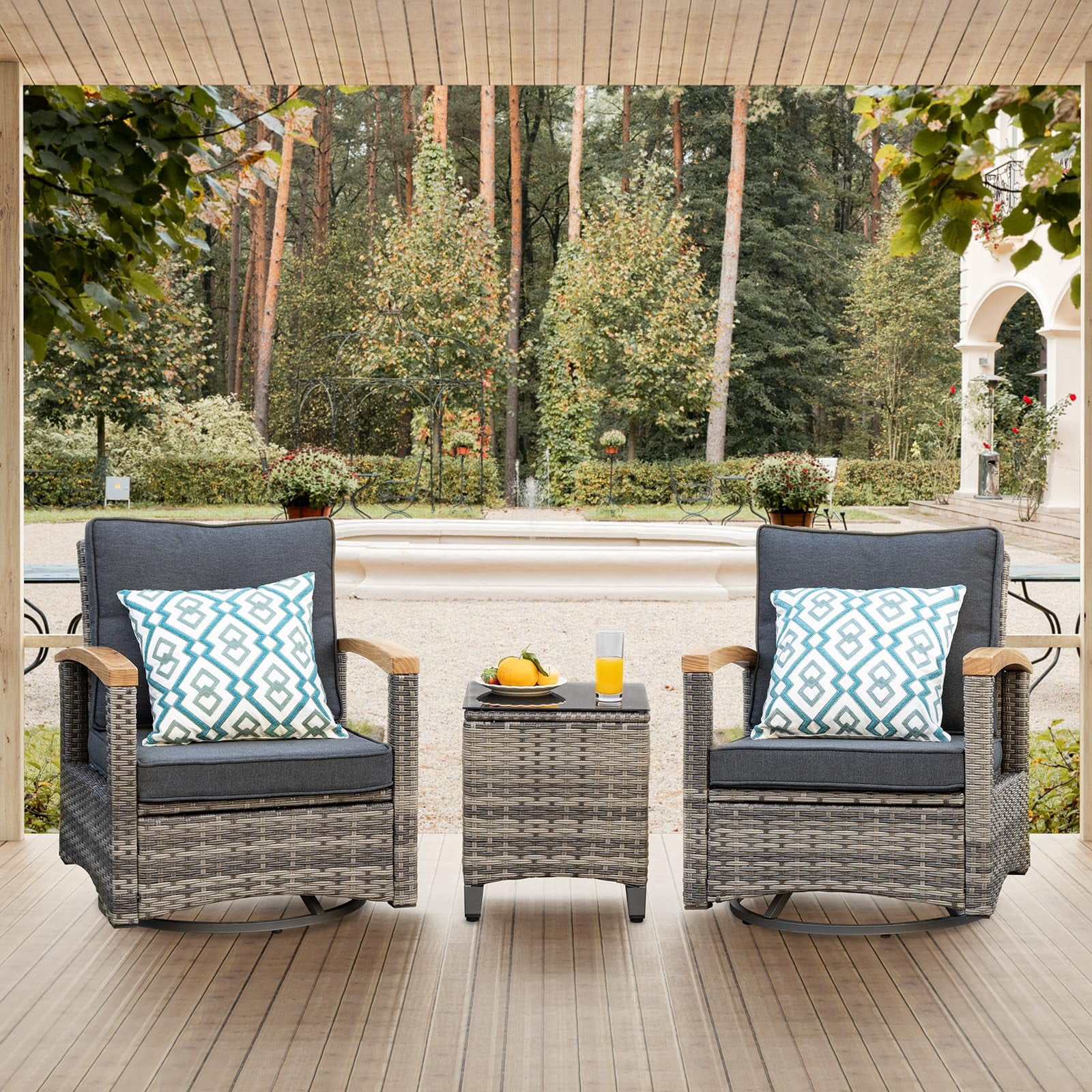 MEISSALIVVE 3 Pieces Outdoor Swivel Rocker, Patio Furniture Bistro Set with 360° Wood Armrests Swivel Rock Chairs and Side Table(Gray)