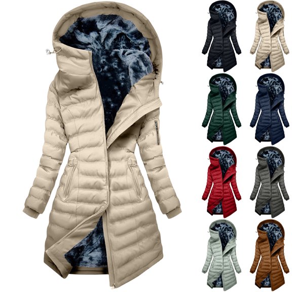 Wsyxszg Women's Long Hooded Puffer Coat Asymmetrical Zip Up Quilted Winter Jacket with Fleece Lining Warm Outdoor Outerwear