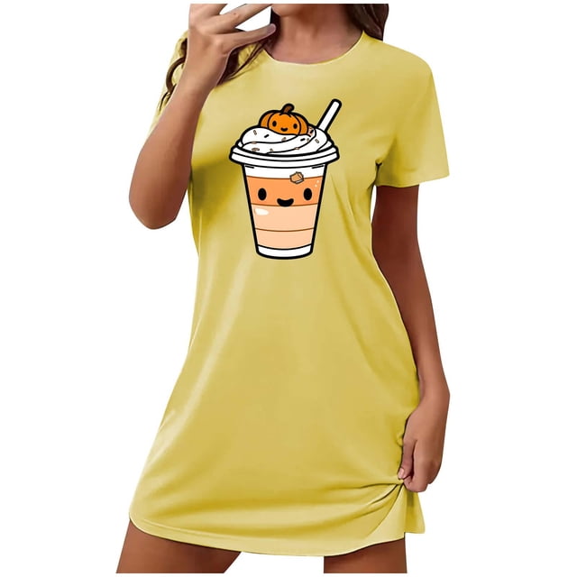 Tnhcen Vêtements de Nuit d'Halloween Cool Grande Taille Robe à Manches Courtes Imprimé Dessin Animé Col Rond Polyester Spandex Doux P-2TG pour Fêtes de Saison Chaude