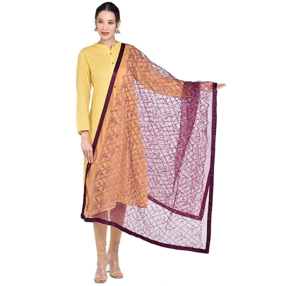 Dupatta Bazaar Women's Wine Embellished Net Dupatta