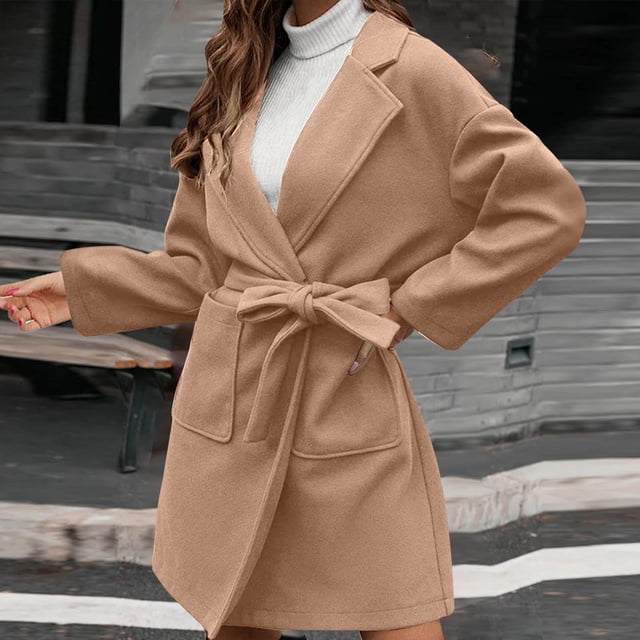 Anoraks para mujer, color liso, estilo corto, cinturón, solapa, holgado, abrigo de tweed, gabardina, abrigo para mujer