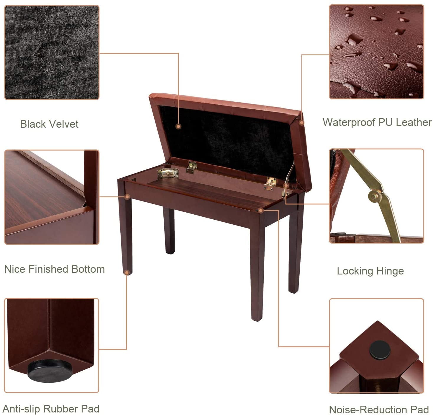 Duet Piano Bench with Music Storage and Padded Cushion Artist Seat
