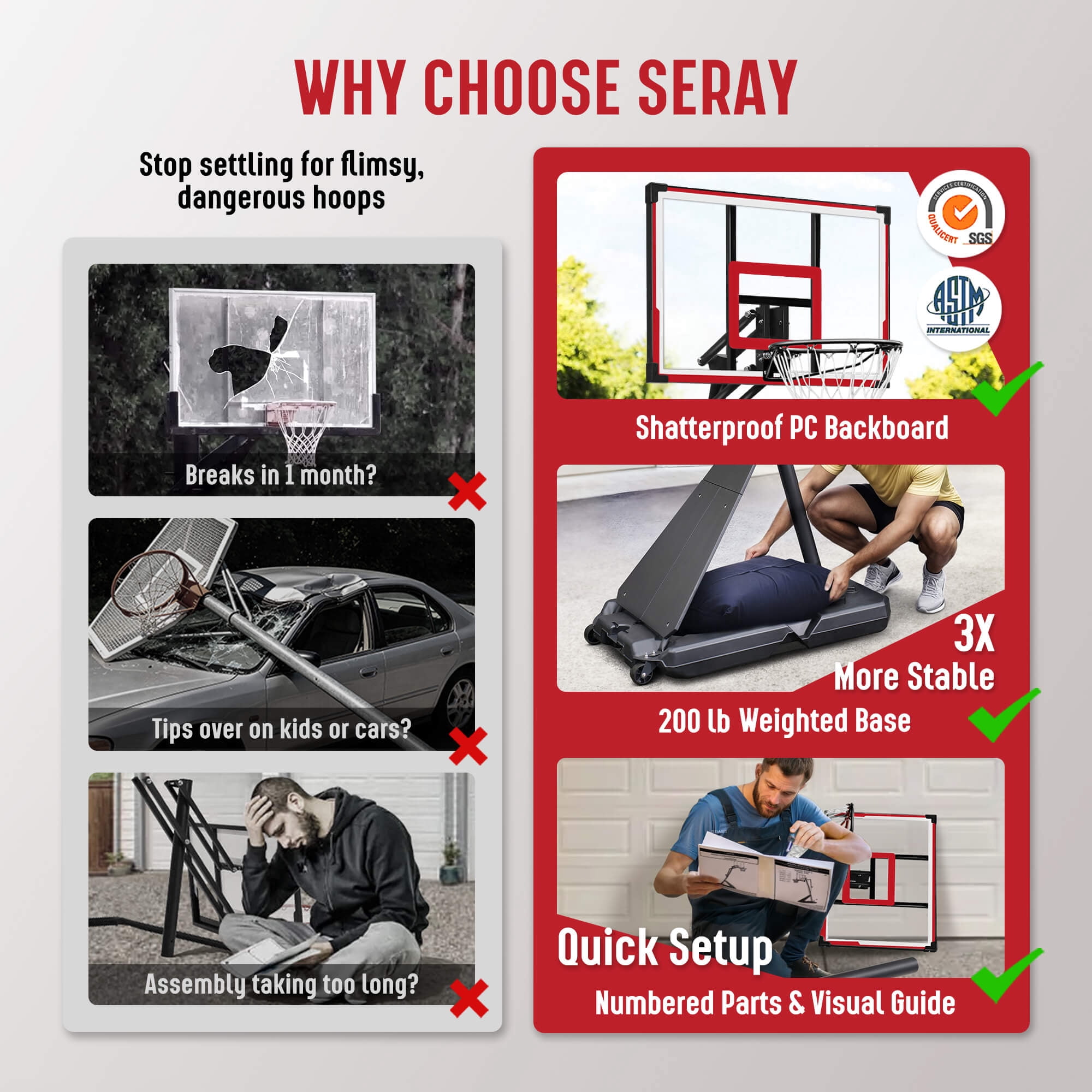 SERAY Basketball Hoop with 4.9-10 feet Height Adjustable for Kids/Adults, Portable Basketball Goal with 44 inch Backboard and 2 Wheels for Outdoor/Indoor Sports