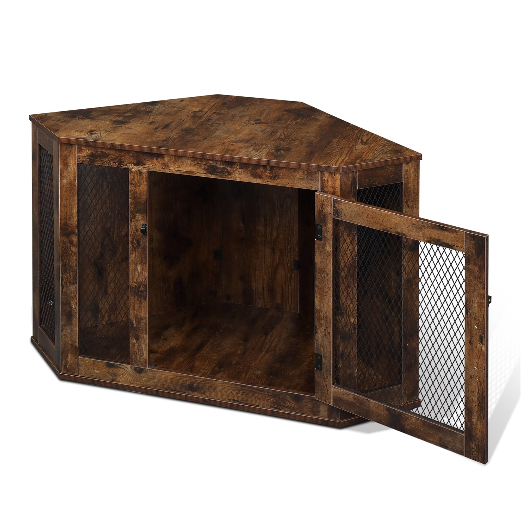 Pefilos 44" Furniture Corner Dog Crate, Dog Kennel with Wood and Mesh, Dog House, Pet Crate Indoor Use, Brown Pefilos 44" Furniture Corner Dog Crate, Dog Kennel with Wood and Mesh, Dog House, Pet Crate Indoor Use, Brown