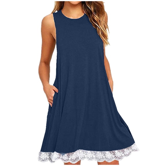 Npasoilc Summer Casual Tank Dress for Crew Neck Sleeveless High Waisted Mini Dress Pleated A-Line Solid Color Dress