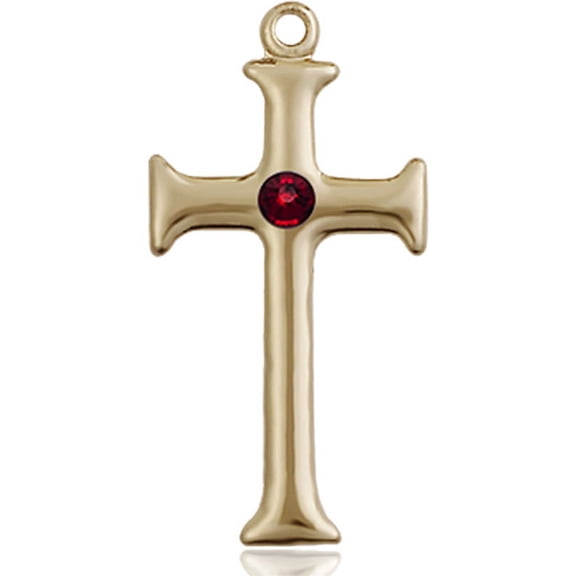 14kt Yellow Gold Cross Medal with 3mm January Red Swarovski Crystal 1 x 1/2 inches