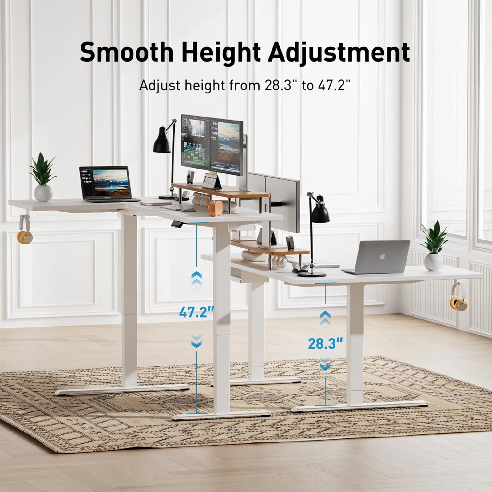 Kyspho L-Shaped Electric Standing Desk with Cable Tray, 71″ x 48″ Dual Motor Height Adjustable Sit to Stand Computer Desk with 3 Preset Heights, 2 Hooks for Home Office, White