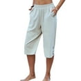 thumbnail image 3 of Capreze Women Capris Pants Solid Color Casual Loose Palazzo Trousers Buttons Decor Cotton Linen Pajama Bottoms, 3 of 5