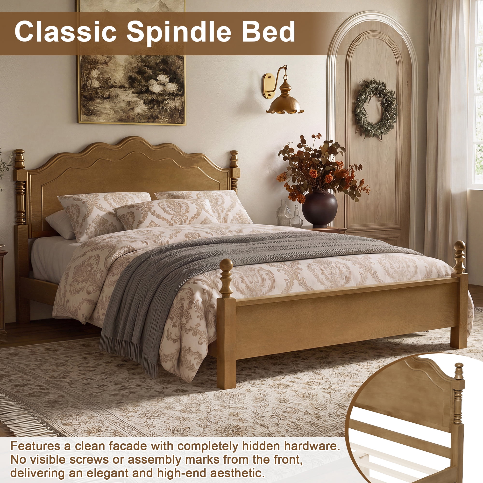 Euroco Wood Queen Size Platform Bed, Classic American Vintage Style Wood Bed with Curved Headboard, No Box Spring Needed, Dark Oak