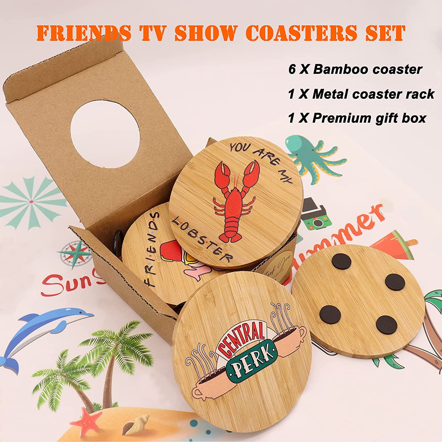 Friends TV Show Gifts Coasters for Drinks,6 Pcs Natural Wooden Round Coaster Set with Holder,Friends TV Show Merchandise for Housewarming Gift,Farmhouse Apartment Bar Decorations 