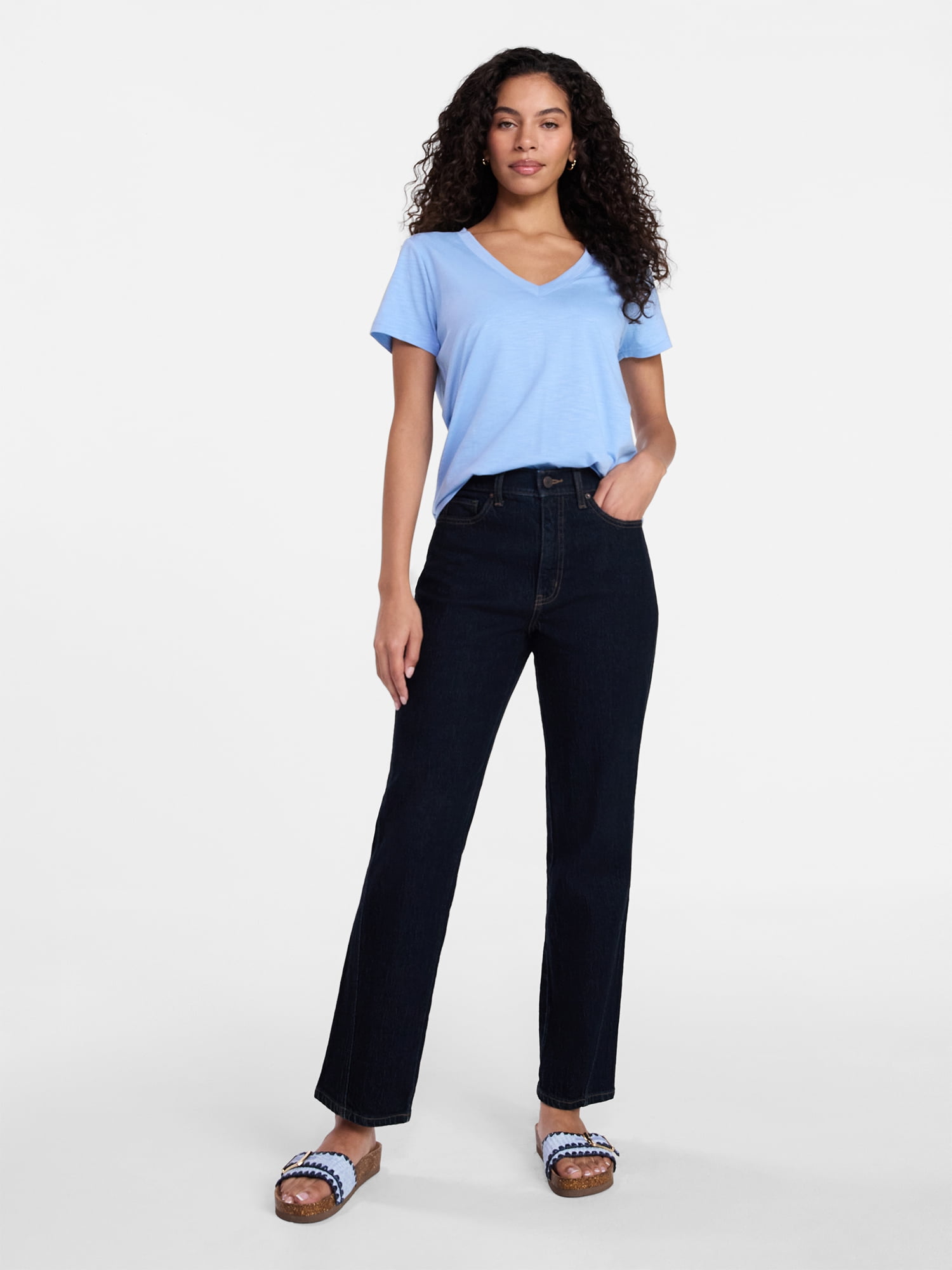 Time and Tru Women's Slub V Neck Tee with Short Sleeves, Sizes XS-XXXL