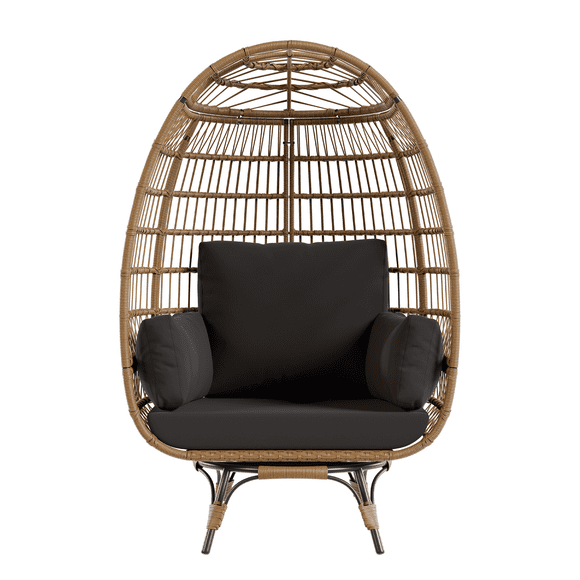 Sillón Huevo Giratorio 360° Extragrande – Ratán Trenzado – Marco de Acero Robusto – 4 Cojines – Resistente a la Intemperie – Interior y Exterior