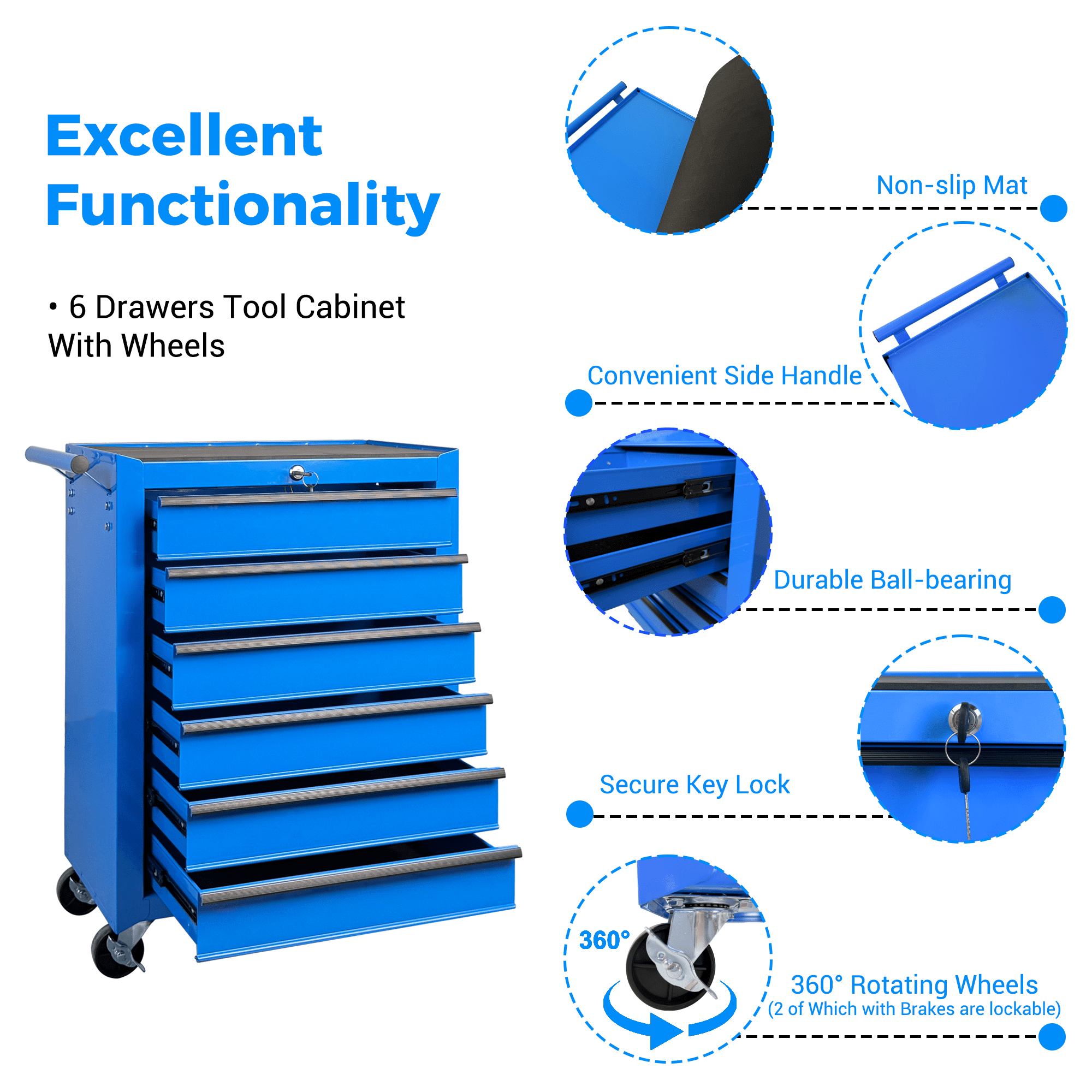6 Drawer Tool Chest Cabinet with Ball Bearing Drawer Slides,20"W Rolling Metal Tool Chest with 6 Drawers,Steel Tool Storage Box Organizer,Blue