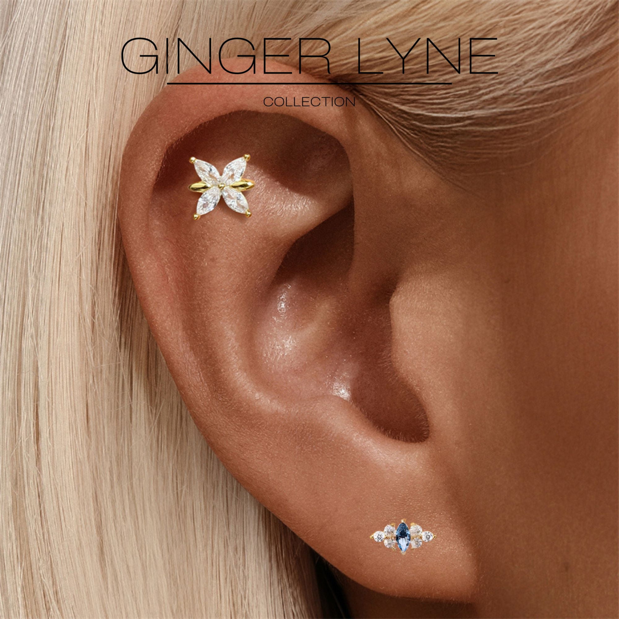 Butterfly CZ Flat Back Earrings for Cartilage Helix Tragus Lobe 16g Gold Plated Sterling Silver 1 pair by Ginger Lyne