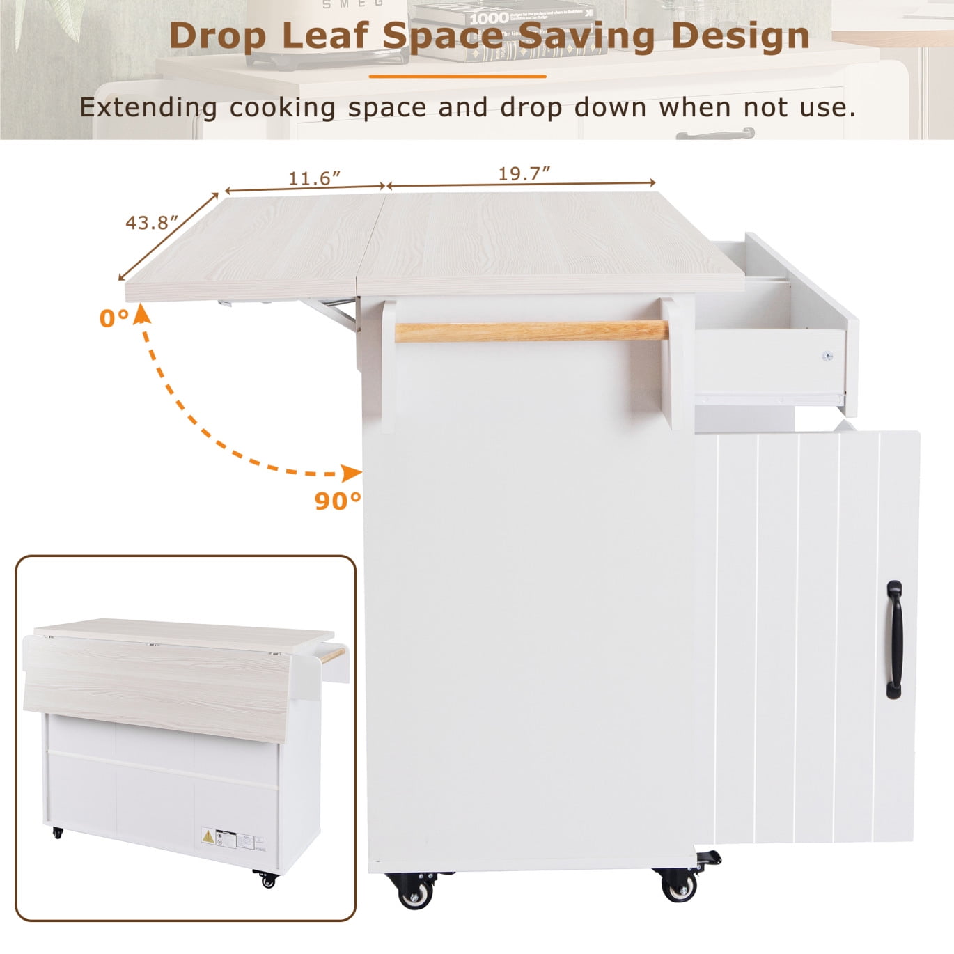 Rolling Kitchen Island with Trash Can Storage Cabinet,Mobile Kitchen Cart with Drop Leaf, Adjustable Spice Rack, Towel Rack and Drawer, White Oak