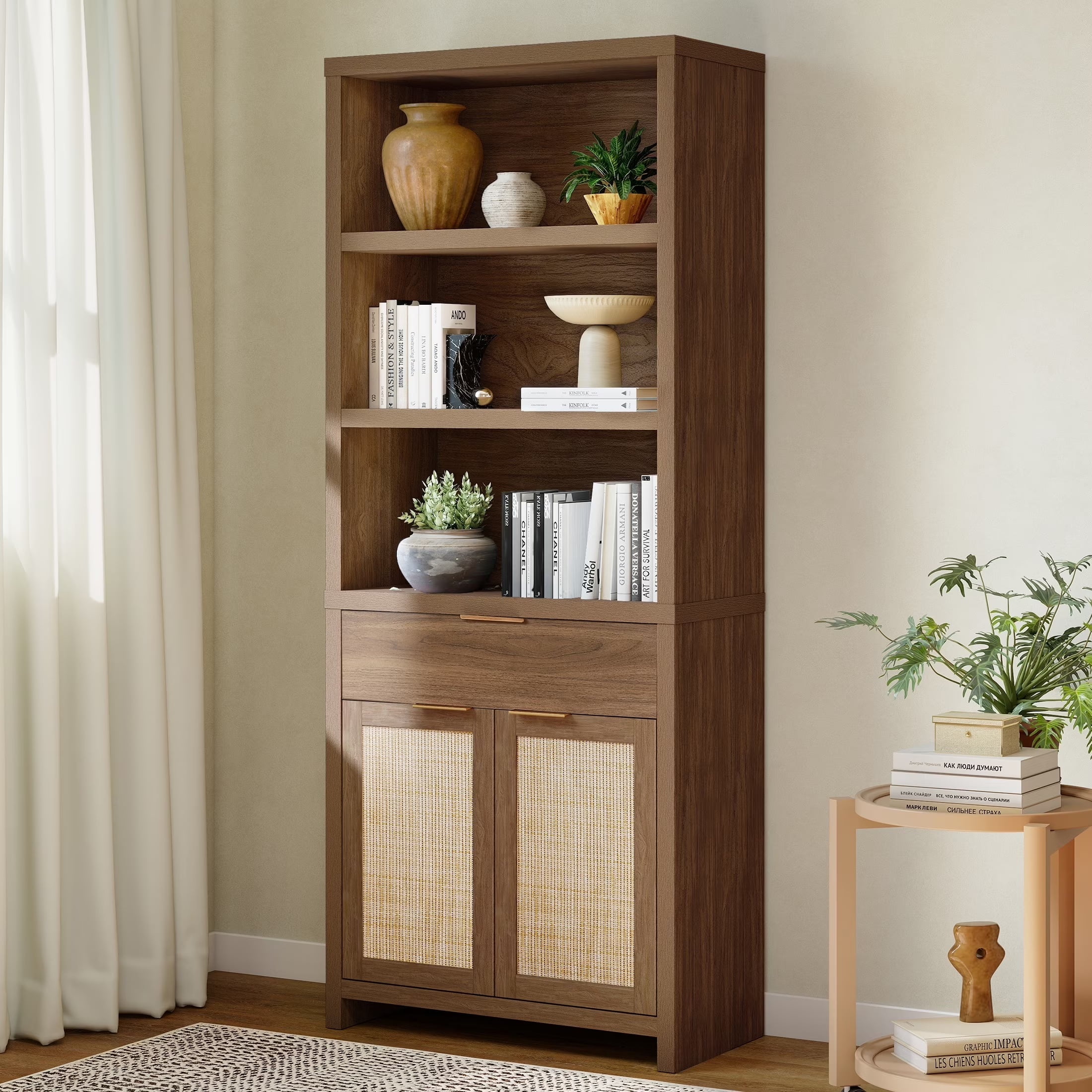 ARKANTOS Rattan Bookcase with Doors, 5 Shelf Adjustable Bookshelf Storage Cabinet, Classic Walnut