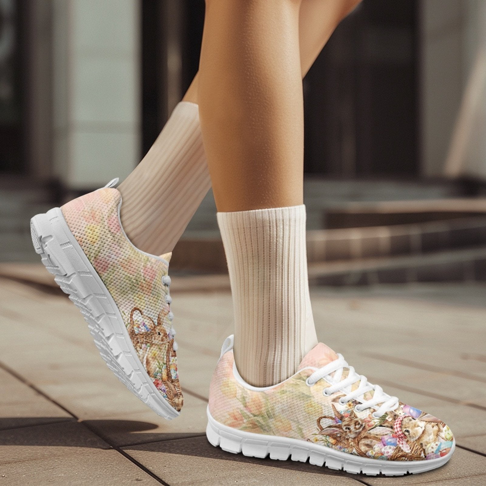 COEQINE Girls Sneakers Mesh Breathable Lace Up White Sole Women Running Shoes for Travel Outdoor Training Athletic Sport Shoes Footwear for Easter Day, Easter Bunny Egg Basket