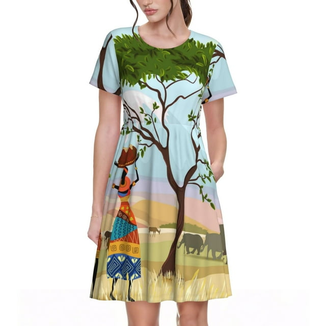 Saiise Robes d'Été à Motifs pour Femmes Africaines, T-Shirt Décontracté à Manches Courtes, Robe de Plage Florale avec Poches