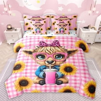 Manfei Cartoon Highland Cow Twin Bedding Sets 7-Piece for Preppy Child,Geometric Plaid Grid Bedding Comforter Set Microfiber,Farmhouse Sunflower Animal Breathable Sheet Sets,Lightweight Room Decor