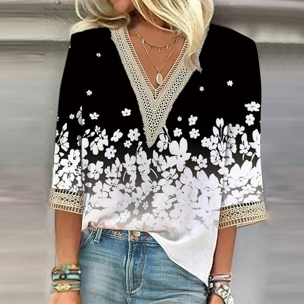 camisa de mujer blusa camisas sueltas casuales manga 3 4 adornos de encaje estampado cuello en v tops estampados camisetas camiseta negro 2xl Bodega Aurrera en linea