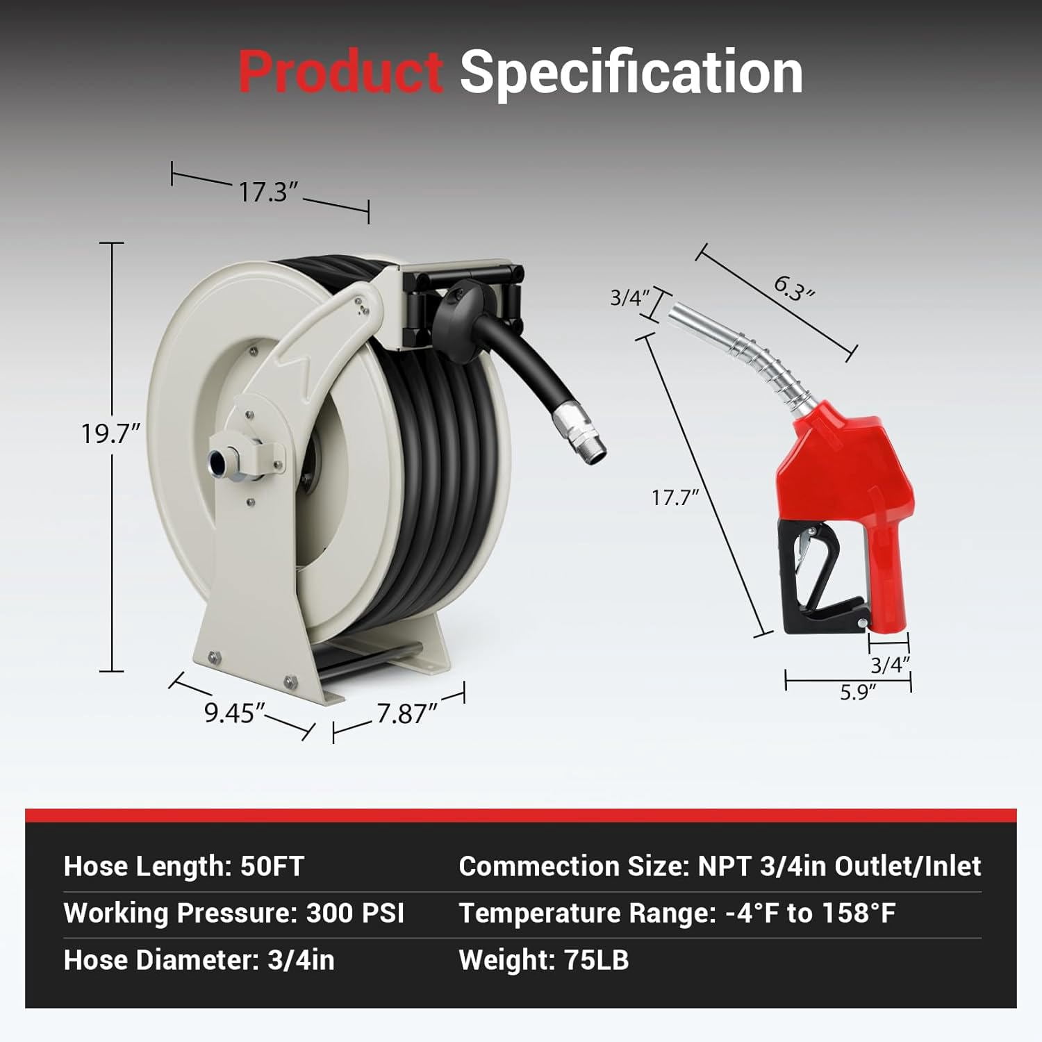 Fuel Hose Reel 3/4'' x 50ft with Fueling Nozzle, Diesel Fuel Hose Reel 300PSI Retractable Industrial Heavy Duty Swivel Steel Construction for Ship Vehicle Tank Truck Trailer Cart, Silver