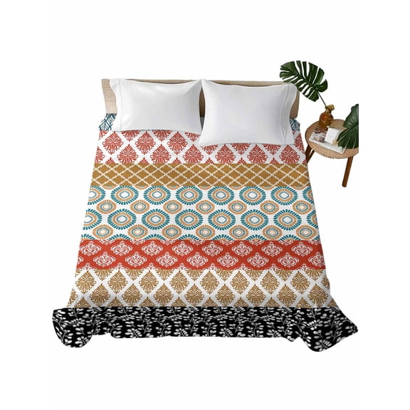 Boho Flat Sheet Only Twin Size, Soft Breathable Bed Top Sheets for Mattress, Colorful Striped Ethnic Modern Geometric Abstract Art Luxury Bedding Flat Sheets for Home Hotel Bedroom Bed Protection