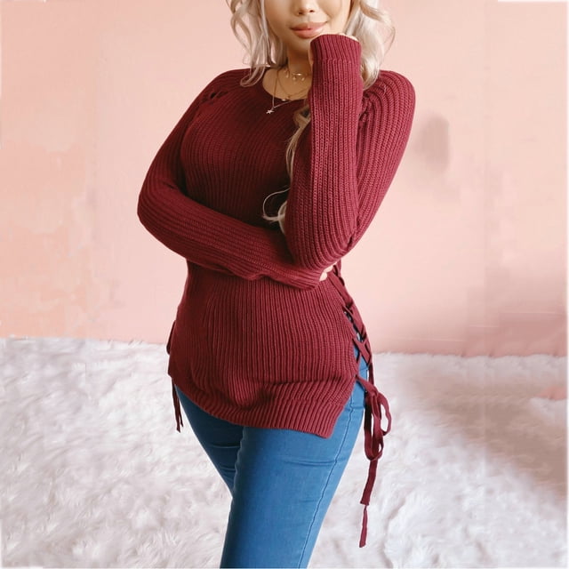 Qertyioot A Tricoté Sweaters pour les Femmes, les Dames à Manches Longues d'Hiver Col Rond Pull Cravate de Mode de Couleur Unie