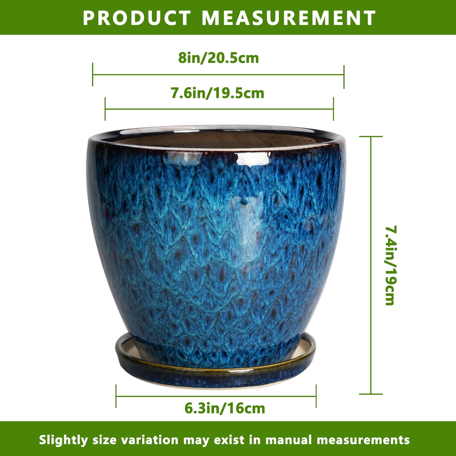 8 inch Blue Ceramic Planter with Drainage Hole & Saucer,Modern Reactive Glaze Flower Pot for Indoor Outdoor Large Plants, Home Decor & Patio