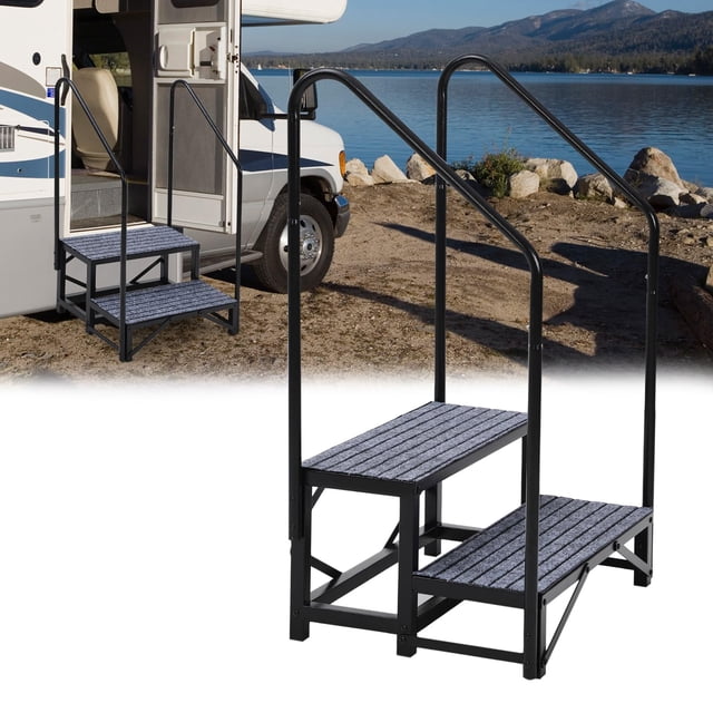GloryStar RV Portable Step Ladder with Handrails, Non-Slip Mats for Hot Tubs, Porches, and Camper Entry