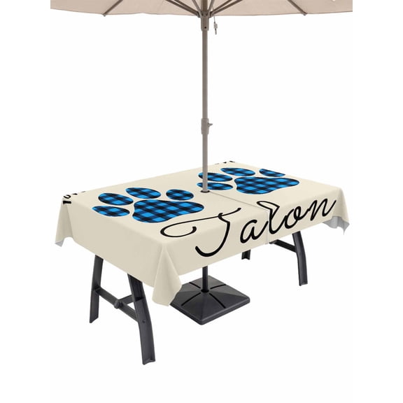 Outdoor Tablecloth with Umbrella Hole for Patio/Picnic/Party/Camping, Cats Pawprints Waterproof Table Cloth Rectangle Table Cover Washable, Yellow Black Buffalo Plaid Simple Beige (60"x 102")