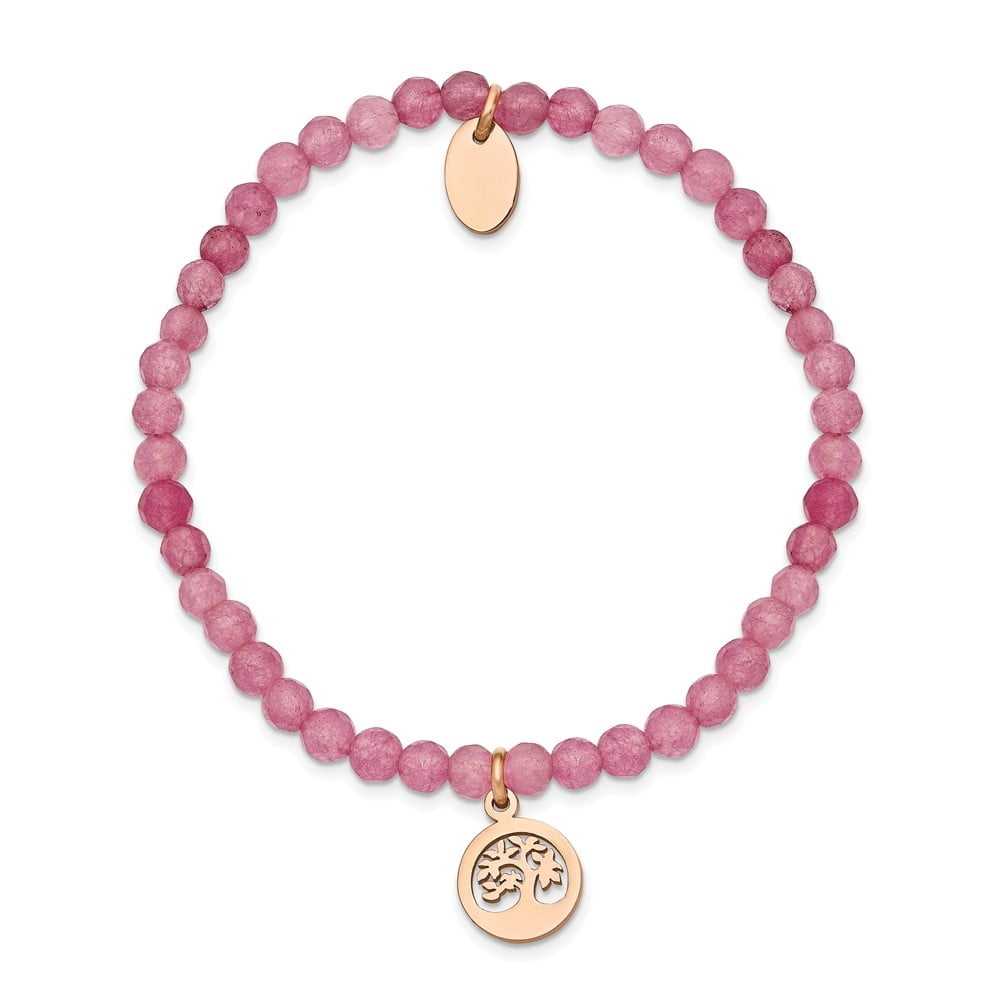 Auriga Mother's Day Gift Stainless Steel Rose IP-plated Tree 4mm Pink Jade Beaded Stretch Bracelet for Women