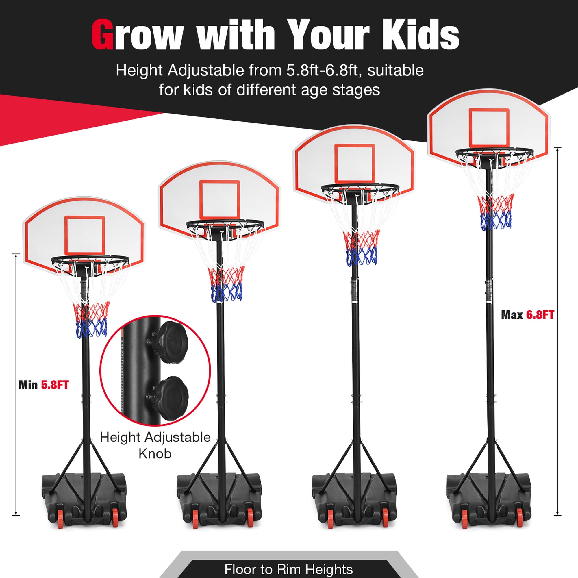 Costway Adjustable Basketball Hoop System Stand Kid Indoor Outdoor Net Goal W/ Wheels