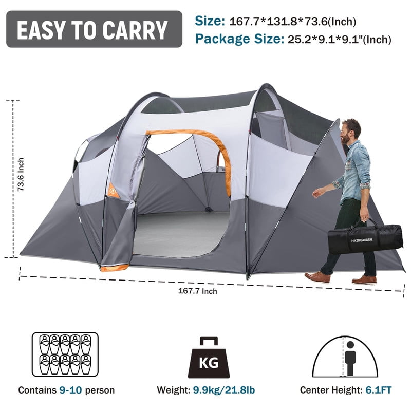 10 Person Camping Tent - Portable Easy Set Up Family Tent for Camp, Windproof Fabric Dome Tent Outdoor for Hiking, Backpacking, Traveling-14'x11'x74in(H)
