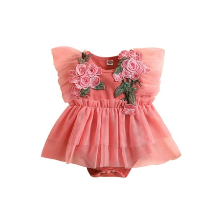 

Frobukio Newborn Baby Girls Mesh Romper Dress Summer Casual Floral Embroidery Flying Sleeves Jumpsuit Bodysuit Pink 18-24 Months