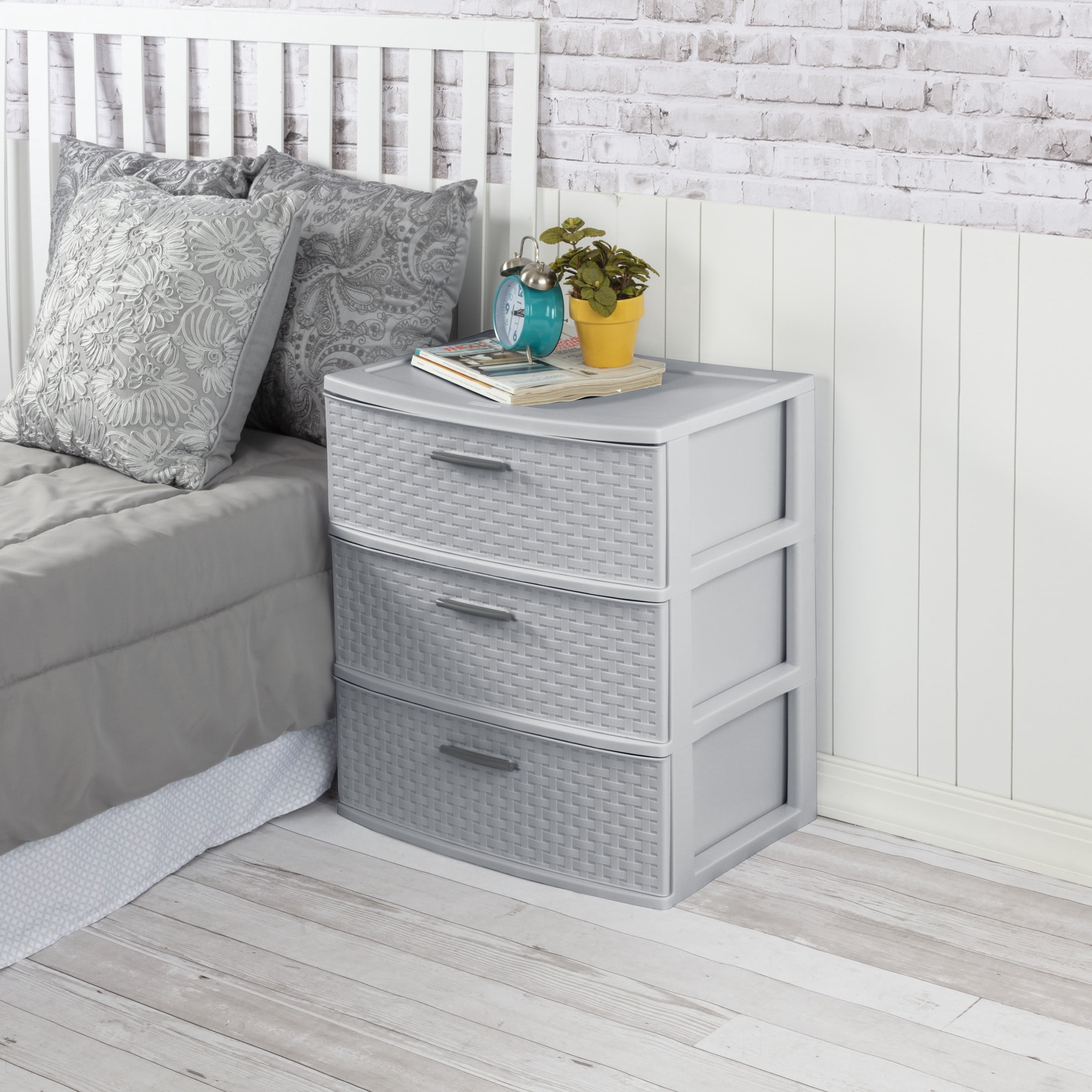 Sterilite 3 Drawer Wide Weave Tower, Plastic Décor Drawers with Pull Handles, Gray