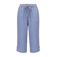 thumbnail image 5 of Striped Capri Pants for Women Loose Fit Straight Leg Cropped Pant Casual Summer Drawstring Elastic Waist Trousers Blue S, 5 of 7