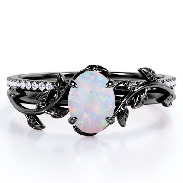 JeenMata Anillo de Bodas con Diseño de Hoja de Moissanita y Ópalo Arcoíris Ovalado de 1,5 Quilates Engastado en Oro Negro de 18 K sobre Plata
