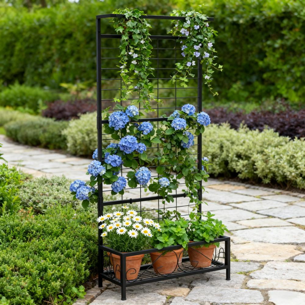 Plant Holder, Metal Tall Plant Stand with Trellis and Hanging Bar,for Indoor Outdoor Use