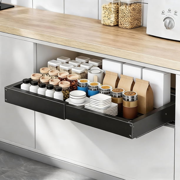 Organizador de Gabinete Extraíble, Cajones Deslizables para Comida Utensilios de Cocina, Almacenamiento Cocina Organizador de Alacena para Armario Estante, Negro